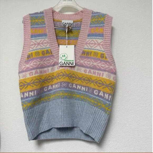 NWOT GANNI Graphic Multicolor V-Neck Sweater Wool Knit Sleeveless Vest - Picture 1 of 3
